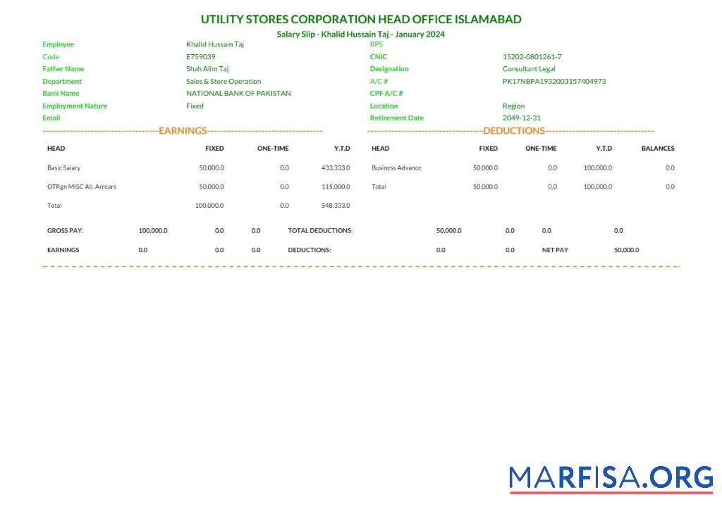 Downloadable Islamabad Utility Stores Corporation salary slip download for verification